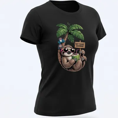 Colorful cartoon sloth holding a coconut with humorous text above — printed on a women's shirt