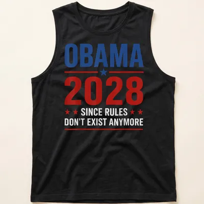 Bold graphic political t-shirt with a slogan about Obama 2028 — printed on a tank top