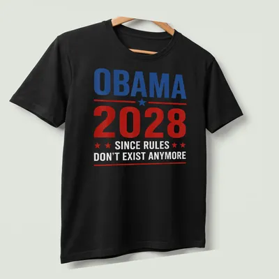 Bold graphic political t-shirt with a slogan about Obama 2028 — printed on a unisex t-shirt (angled view)