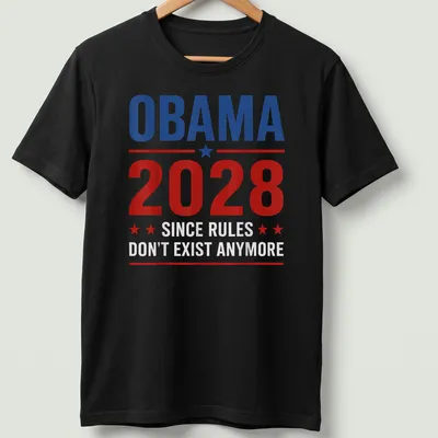 Bold graphic political t-shirt with a slogan about Obama 2028