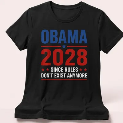 Bold graphic political t-shirt with a slogan about Obama 2028 — printed on a women's shirt