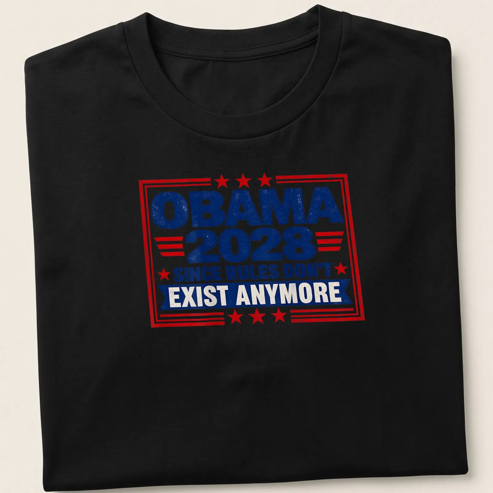 Vintage distressed Obama 2028 slogan t-shirt in red, blue, and white — printed on a unisex t-shirt