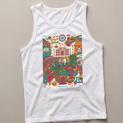 Colorful doodle illustration of Indian cultural elements and landmarks with travel text — printed on a tank top