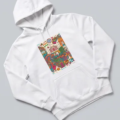 Colorful doodle illustration of Indian cultural elements and landmarks with travel text — printed on a unisex hoodie