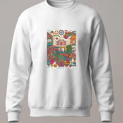 Colorful doodle illustration of Indian cultural elements and landmarks with travel text — printed on a unisex sweatshirt