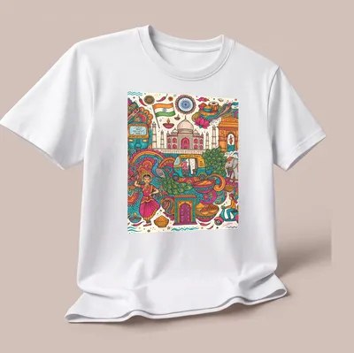 Colorful doodle illustration of Indian cultural elements and landmarks with travel text — printed on a unisex t-shirt (angled view)