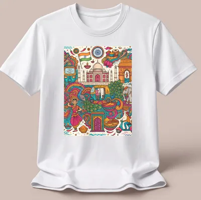 Colorful doodle illustration of Indian cultural elements and landmarks with travel text