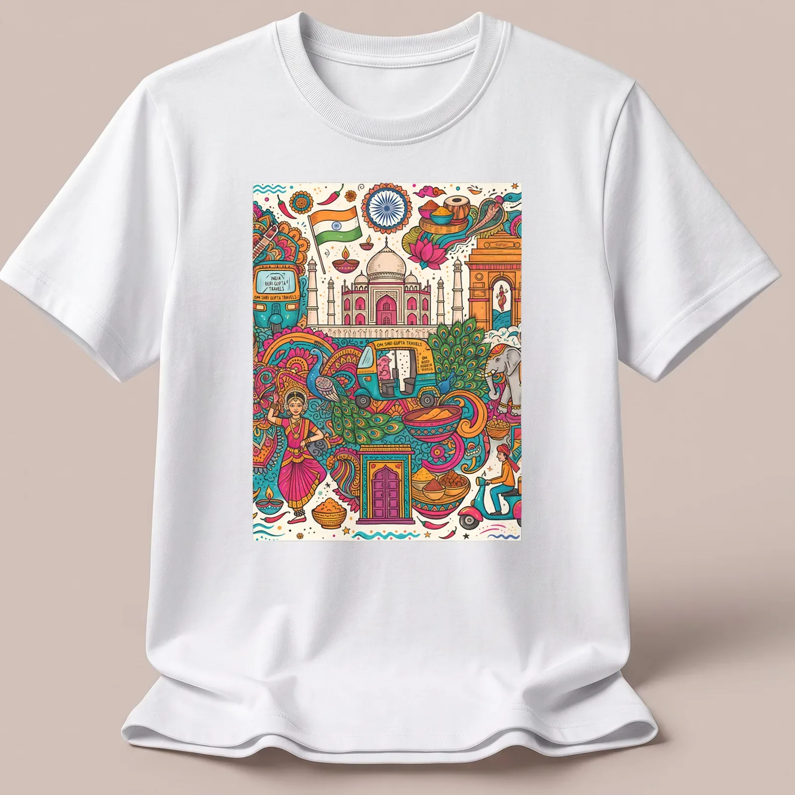 Colorful doodle illustration of Indian cultural elements and landmarks with travel text — printed on a unisex t-shirt