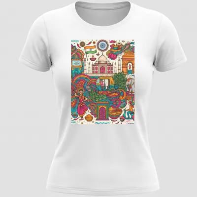 Colorful doodle illustration of Indian cultural elements and landmarks with travel text — printed on a women's shirt