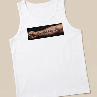 Bold script t-shirt with tattoo design reading 'Only God Judges Me' on an arm — printed on a tank top