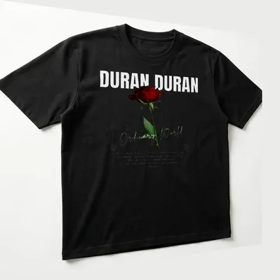 Artistic red rose design with lyrics from Duran Duran's 'Ordinary World' — printed on a unisex t-shirt (angled view)