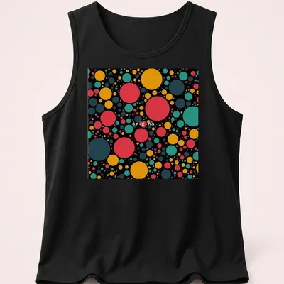 Colorful retro pattern t-shirt featuring the word 'origins' and vibrant circles — printed on a tank top