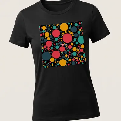 Colorful retro pattern t-shirt featuring the word 'origins' and vibrant circles — printed on a women's shirt