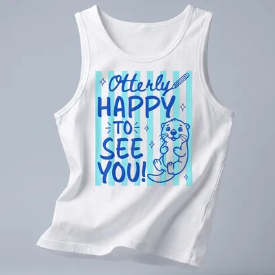 Cute otter graphic with playful text on a light blue background — printed on a tank top
