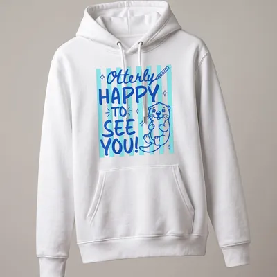 Cute otter graphic with playful text on a light blue background — printed on a unisex hoodie