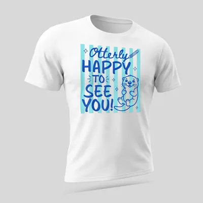 Cute otter graphic with playful text on a light blue background — printed on a unisex t-shirt (angled view)
