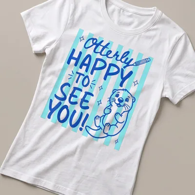 Cute otter graphic with playful text on a light blue background — printed on a women's shirt