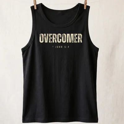 Christian faith t-shirt featuring the text 'OVERCOMER 1 JOHN 5:4' in bold, distressed lettering — printed on a tank top
