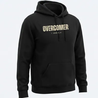 Christian faith t-shirt featuring the text 'OVERCOMER 1 JOHN 5:4' in bold, distressed lettering — printed on a unisex hoodie