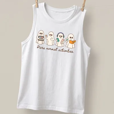 Kawaii line-art t-shirt featuring playful ghosts and the text 'Para normal activities' — printed on a tank top