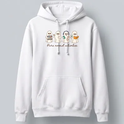 Kawaii line-art t-shirt featuring playful ghosts and the text 'Para normal activities' — printed on a unisex hoodie