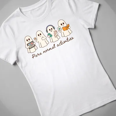 Kawaii line-art t-shirt featuring playful ghosts and the text 'Para normal activities' — printed on a women's shirt