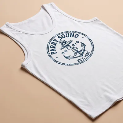 Vintage nautical anchor graphic with text celebrating Parry Sound, Ontario. — printed on a tank top