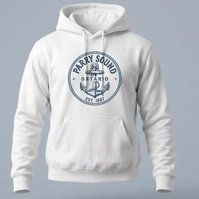 Vintage nautical anchor graphic with text celebrating Parry Sound, Ontario. — printed on a unisex hoodie
