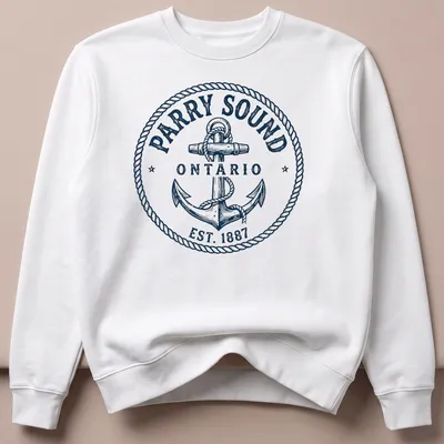 Vintage nautical anchor graphic with text celebrating Parry Sound, Ontario. — printed on a unisex sweatshirt