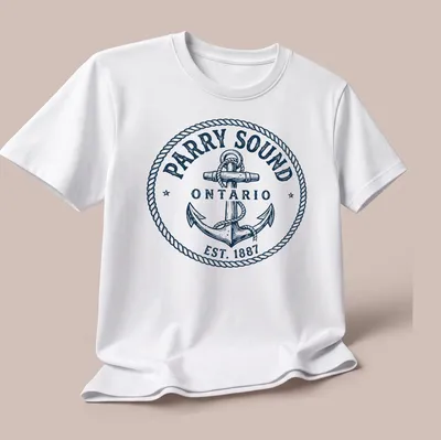 Vintage nautical anchor graphic with text celebrating Parry Sound, Ontario. — printed on a unisex t-shirt (angled view)