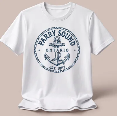 Vintage nautical anchor graphic with text celebrating Parry Sound, Ontario.