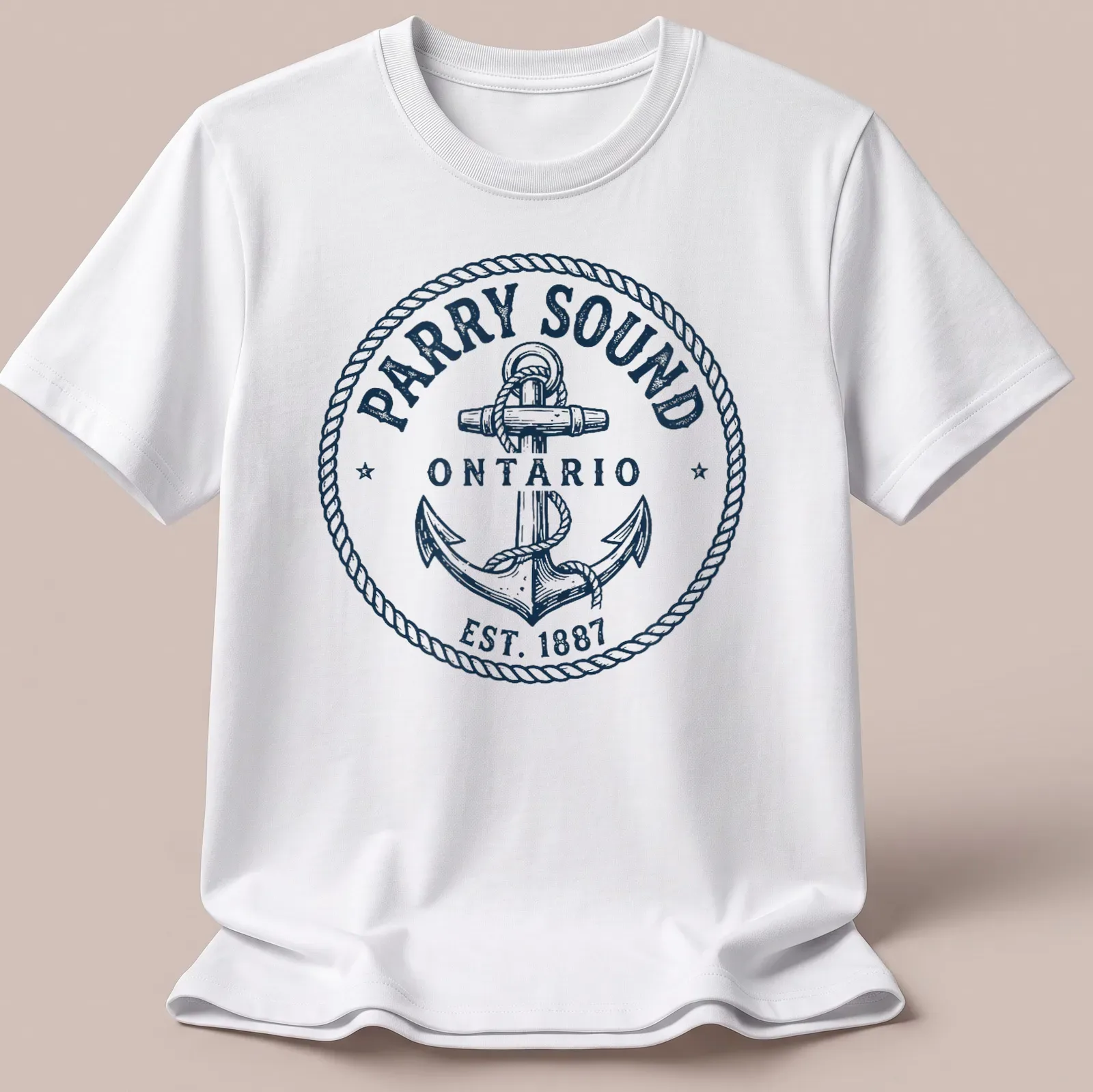 Vintage nautical anchor graphic with text celebrating Parry Sound, Ontario. — printed on a unisex t-shirt