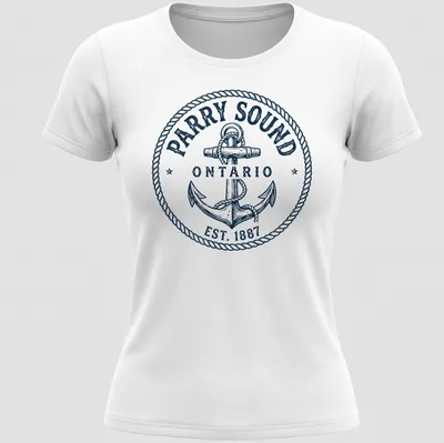 Vintage nautical anchor graphic with text celebrating Parry Sound, Ontario. — printed on a women's shirt