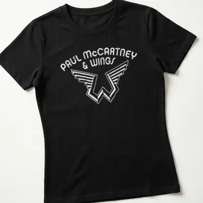 Black and white Paul McCartney and Wings logo — printed on a women's shirt