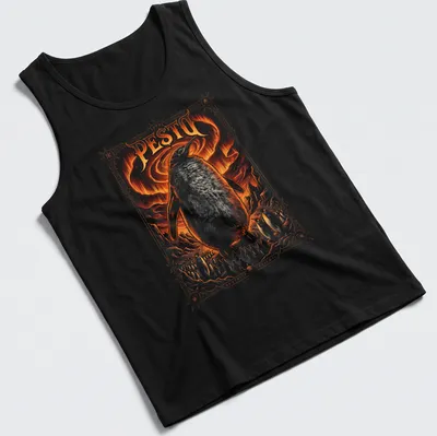 Illustrative design of a large penguin over tiny penguins with bold PE$TO text — printed on a tank top