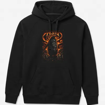 Illustrative design of a large penguin over tiny penguins with bold PE$TO text — printed on a unisex hoodie