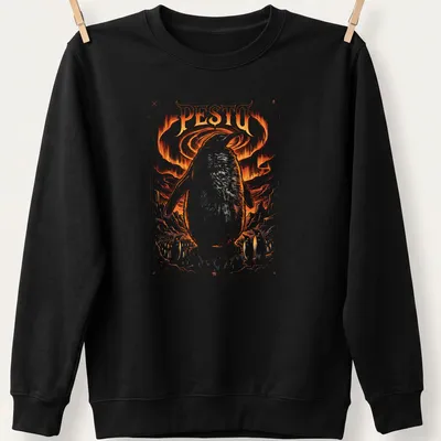 Illustrative design of a large penguin over tiny penguins with bold PE$TO text — printed on a unisex sweatshirt