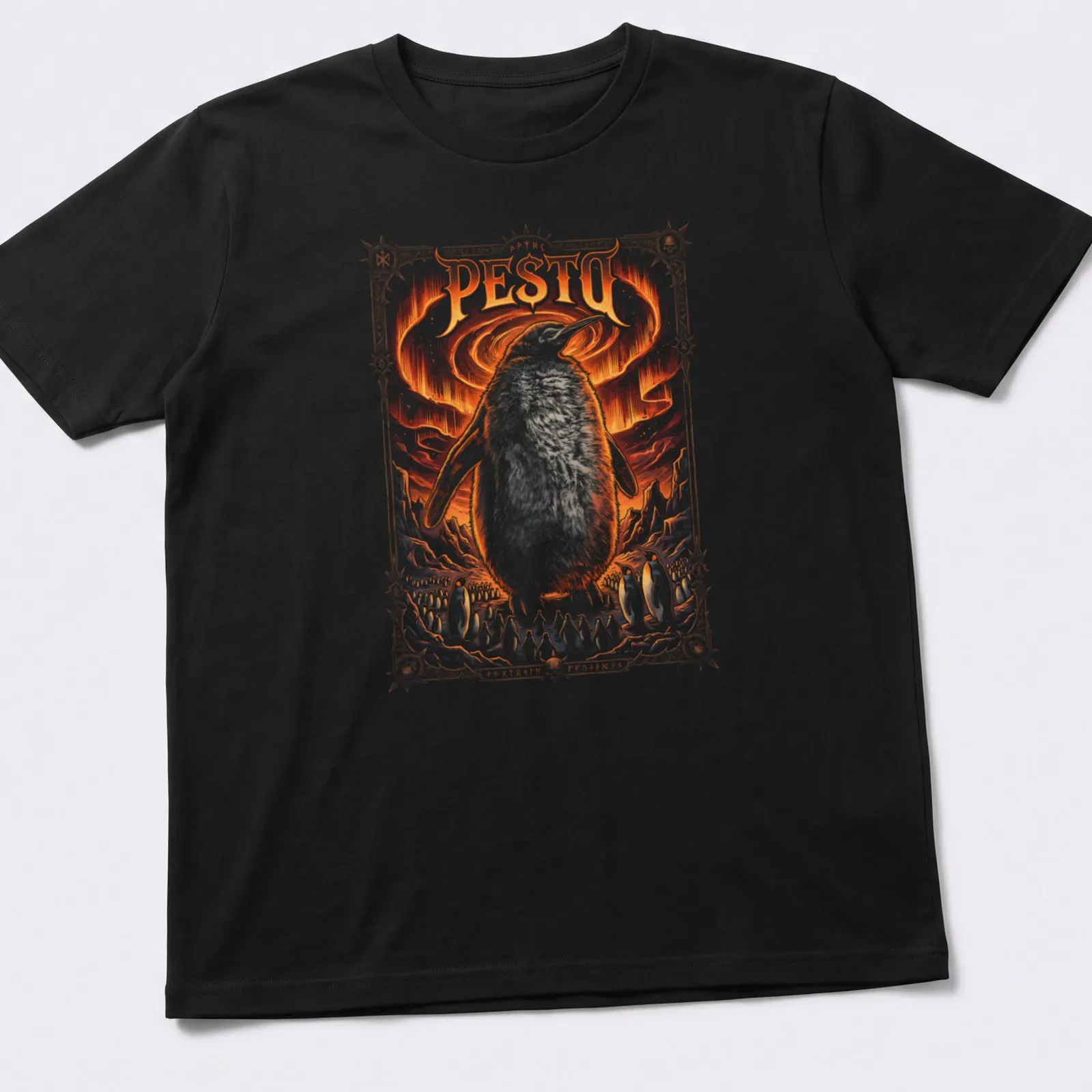 Illustrative design of a large penguin over tiny penguins with bold PE$TO text — printed on a unisex t-shirt