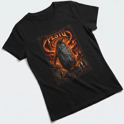Illustrative design of a large penguin over tiny penguins with bold PE$TO text — printed on a women's shirt