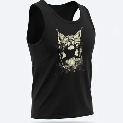 Minimalist line-art of a bobcat listening to music in light beige and white. — printed on a tank top