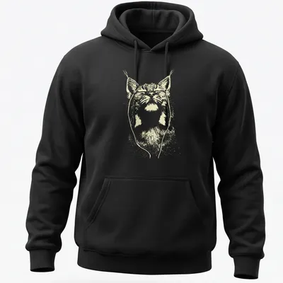 Minimalist line-art of a bobcat listening to music in light beige and white. — printed on a unisex hoodie