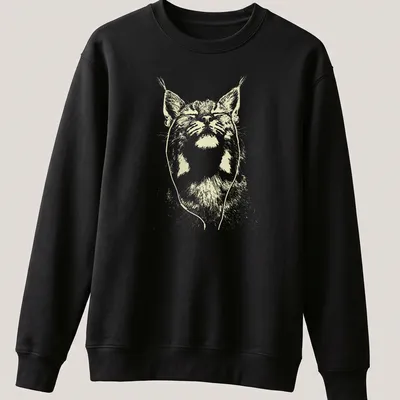 Minimalist line-art of a bobcat listening to music in light beige and white. — printed on a unisex sweatshirt