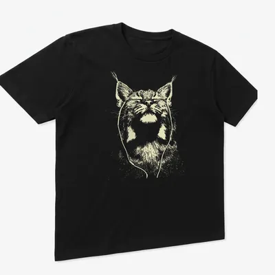 Minimalist line-art of a bobcat listening to music in light beige and white. — printed on a unisex t-shirt (angled view)