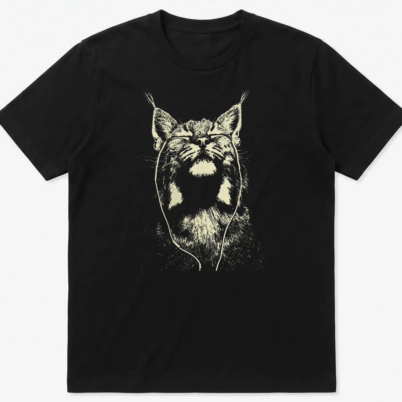 Minimalist line-art of a bobcat listening to music in light beige and white. — printed on a unisex t-shirt