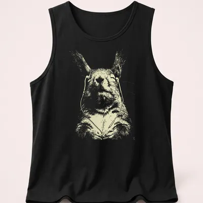 Line-art of a peaceful squirrel with earbuds in cream and light yellow — printed on a tank top