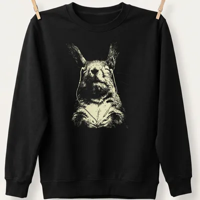 Line-art of a peaceful squirrel with earbuds in cream and light yellow — printed on a unisex sweatshirt