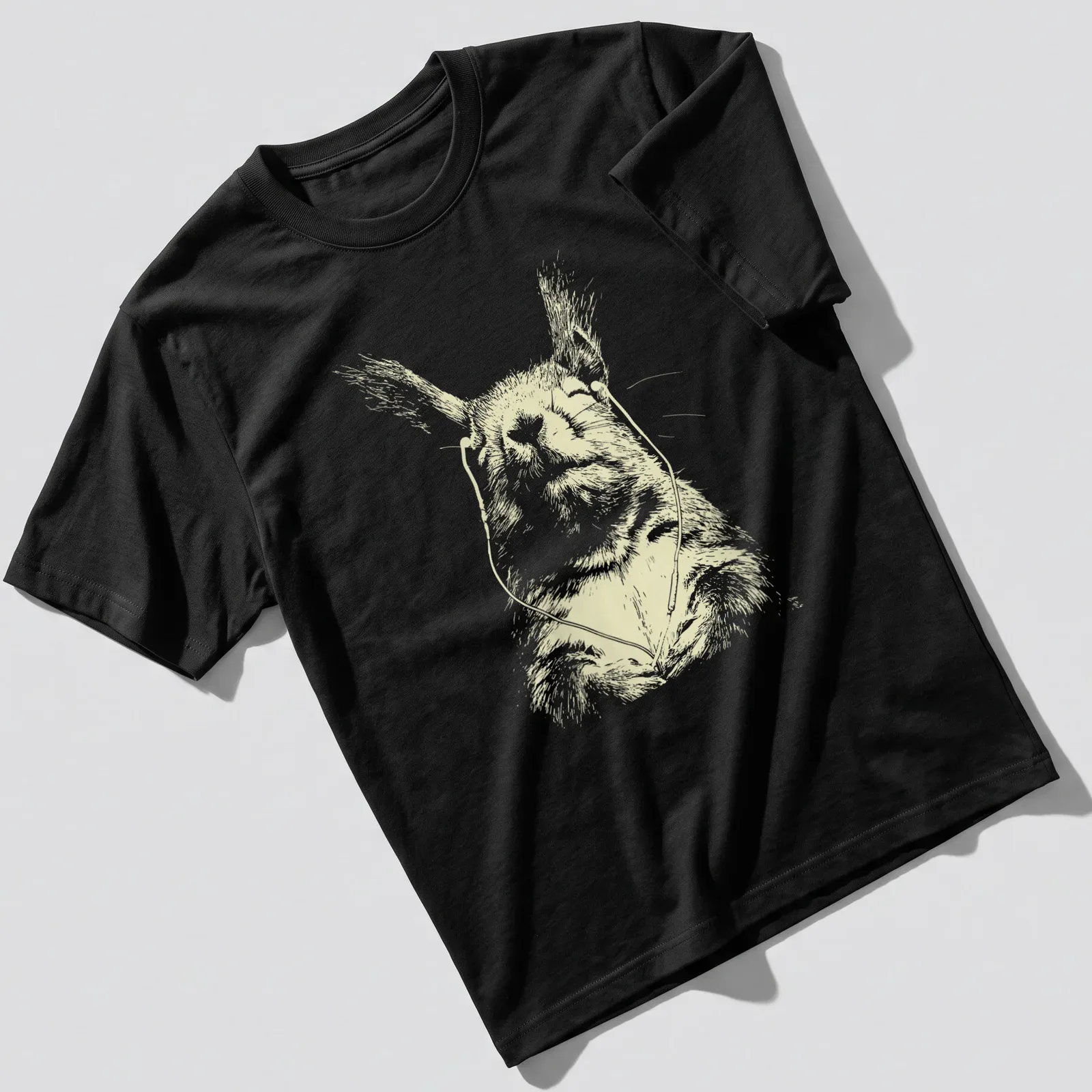 Line-art of a peaceful squirrel with earbuds in cream and light yellow — printed on a unisex t-shirt