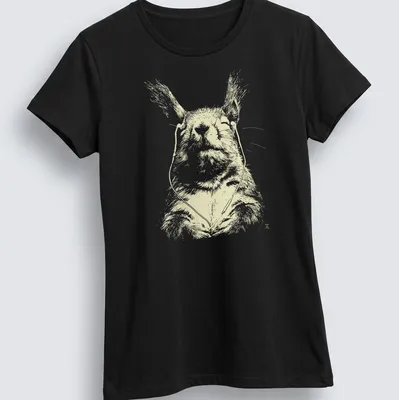 Line-art of a peaceful squirrel with earbuds in cream and light yellow — printed on a women's shirt
