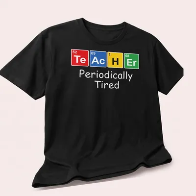 Colorful illustration of Periodically Tired Chemistry Teacher Elements — printed on a unisex t-shirt (angled view)