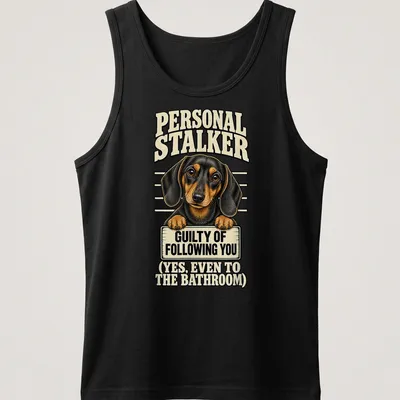 Vintage illustration of a dachshund with humorous text about companionship — printed on a tank top